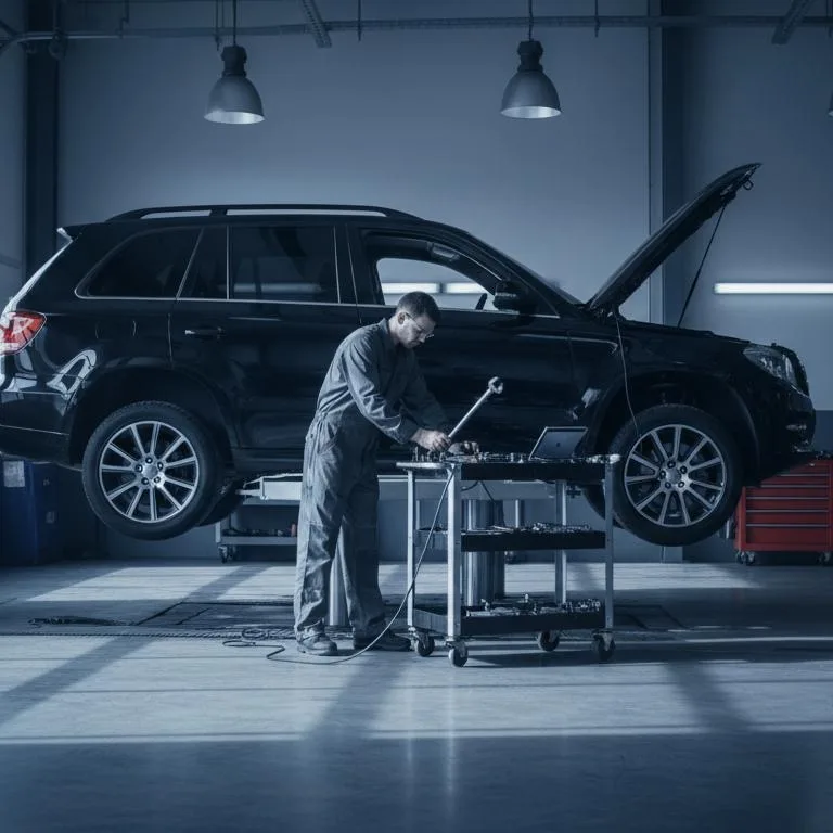 A technician working at a rolling tool cart beside a vehicle raised with its hood open